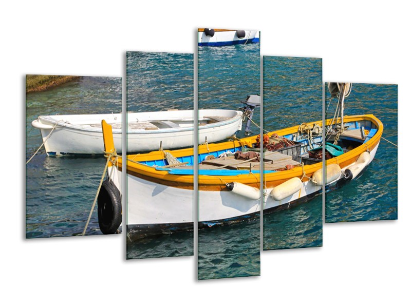 Canvas Schilderij Boot, Water | Grijs, Geel, Wit | 170x100cm 5Luik