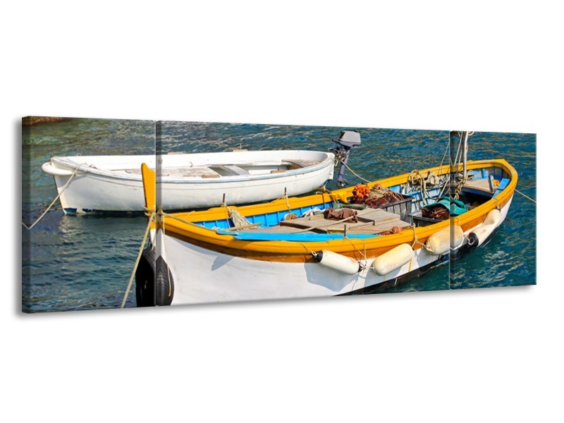 Canvas Schilderij Boot, Water | Grijs, Geel, Wit | 170x50cm 3Luik