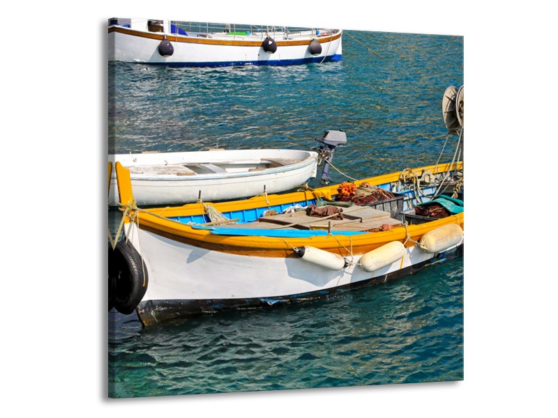 Glasschilderij Boot, Water | Grijs, Geel, Wit | 70x70cm 1Luik