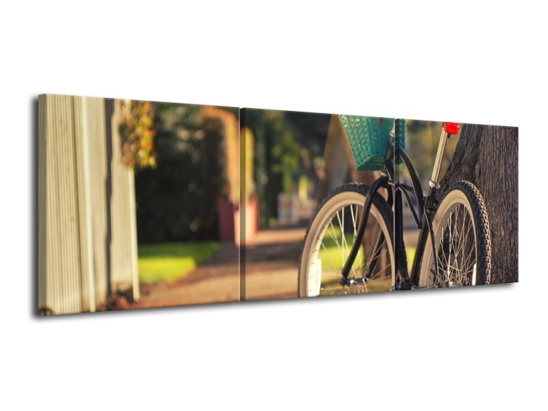 Canvas Schilderij Fiets, Natuur | Grijs, Geel, Bruin | 120x40cm 3Luik