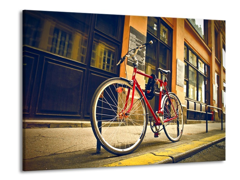 Canvas Schilderij Fiets, Straat | Bruin, Rood, Geel | 100x70cm 1Luik