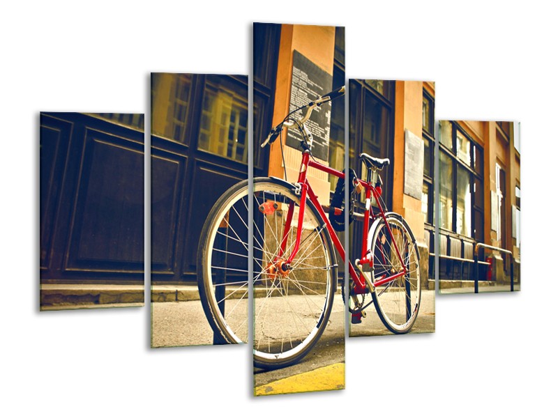 Canvas Schilderij Fiets, Straat | Bruin, Rood, Geel | 100x70cm 5Luik