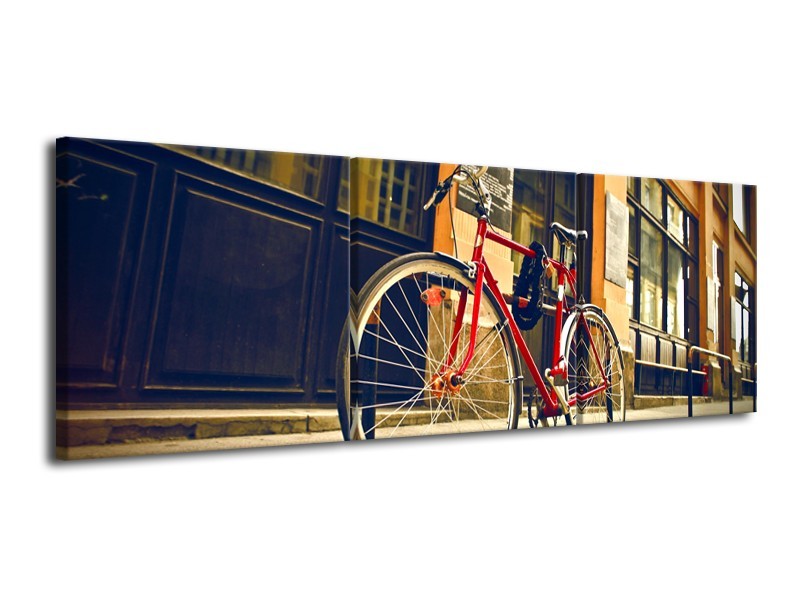 Glasschilderij Fiets, Straat | Bruin, Rood, Geel | 120x40cm 3Luik