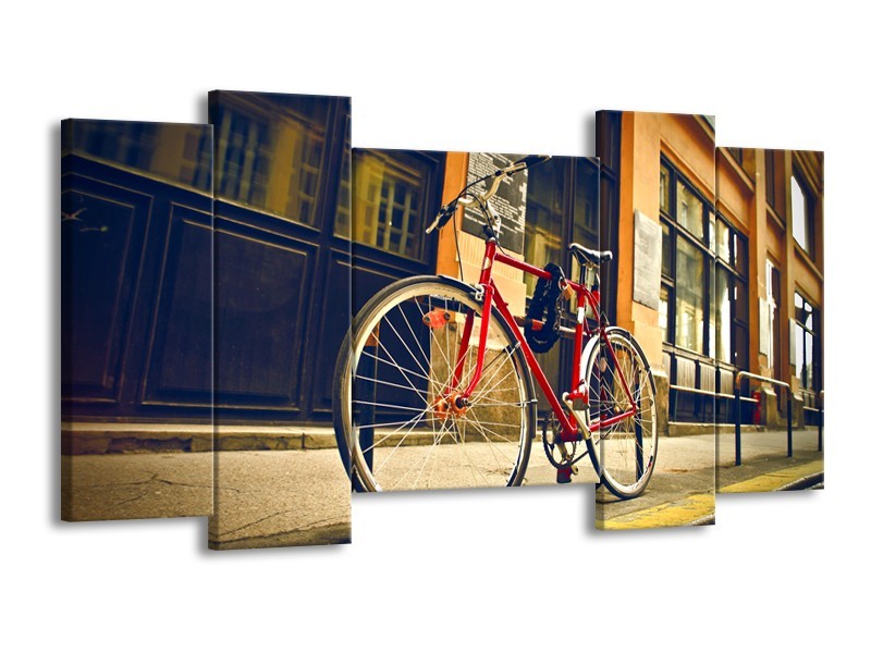 Canvas Schilderij Fiets, Straat | Bruin, Rood, Geel | 120x65cm 5Luik