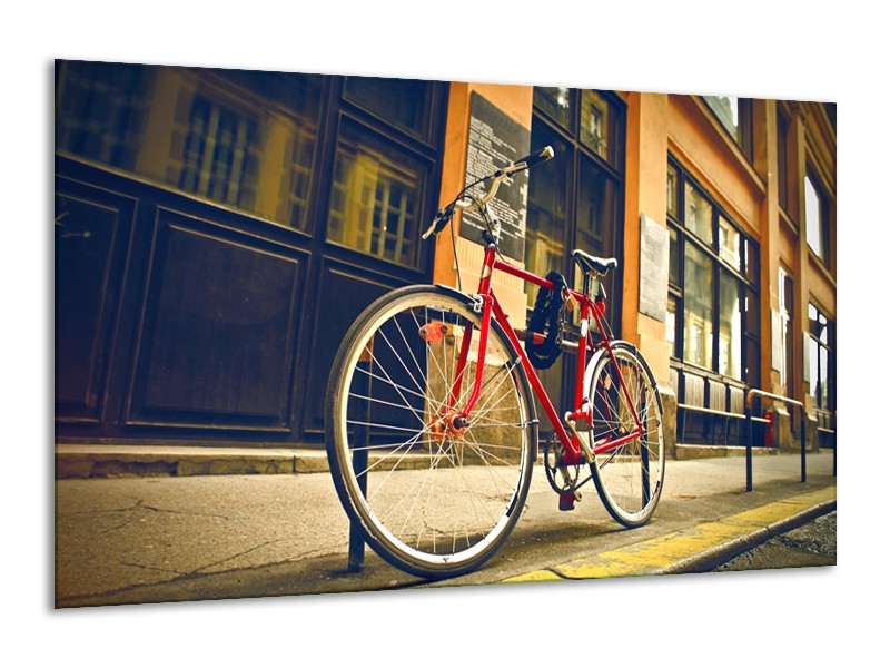 Glasschilderij Fiets, Straat | Bruin, Rood, Geel | 120x70cm 1Luik