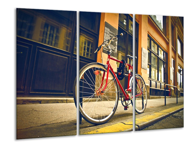 Canvas Schilderij Fiets, Straat | Bruin, Rood, Geel | 120x80cm 3Luik