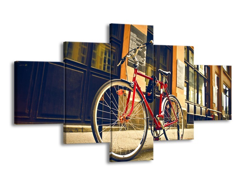 Canvas Schilderij Fiets, Straat | Bruin, Rood, Geel | 125x70cm 5Luik