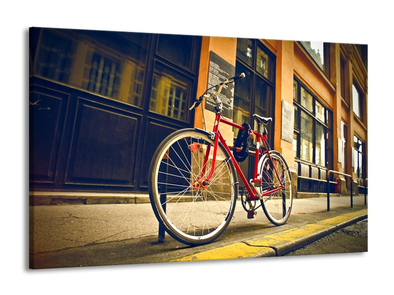 Glasschilderij Fiets, Straat | Bruin, Rood, Geel | 140x90cm 1Luik