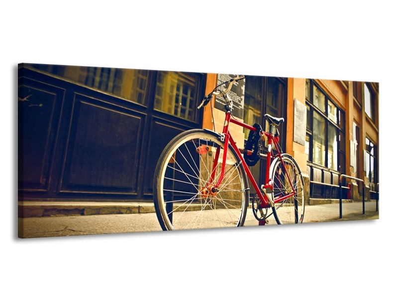 Glasschilderij Fiets, Straat | Bruin, Rood, Geel | 145x58cm 1Luik