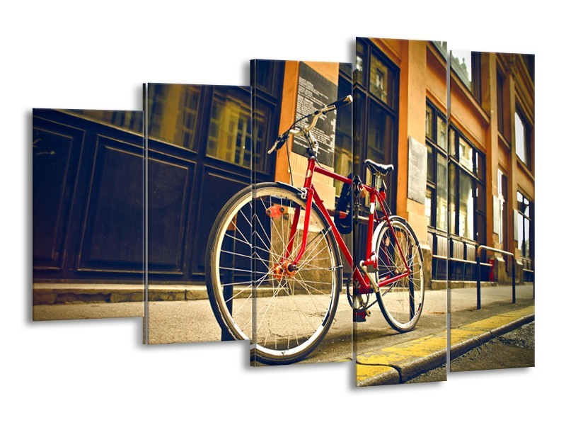 Canvas Schilderij Fiets, Straat | Bruin, Rood, Geel | 150x100cm 5Luik