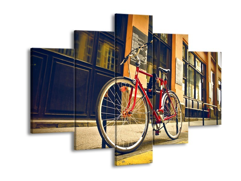 Canvas Schilderij Fiets, Straat | Bruin, Rood, Geel | 150x105cm 5Luik