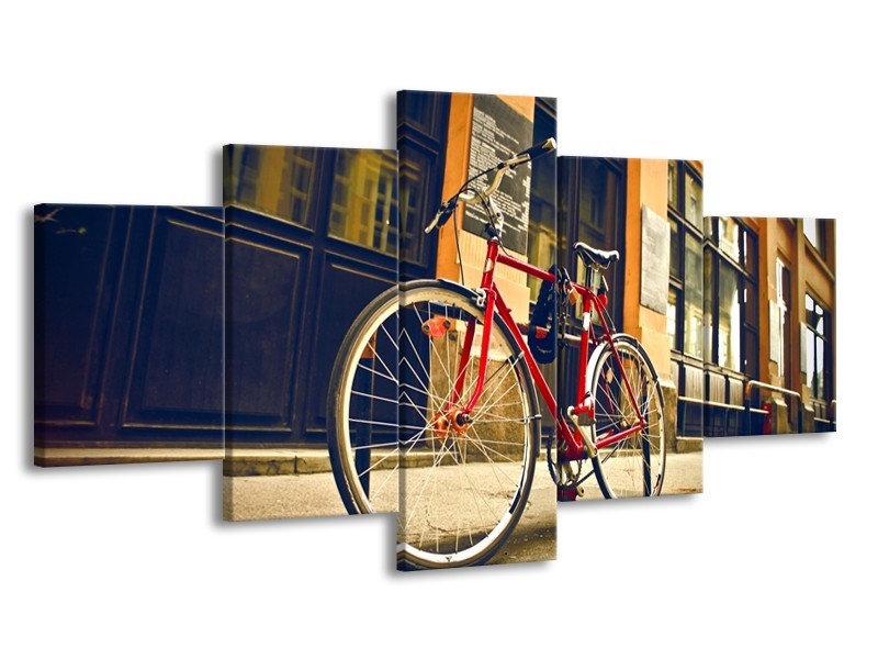 Canvas Schilderij Fiets, Straat | Bruin, Rood, Geel | 150x80cm 5Luik