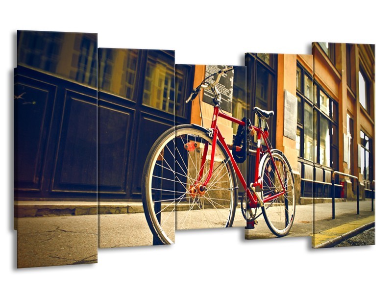 Canvas Schilderij Fiets, Straat | Bruin, Rood, Geel | 150x80cm 5Luik