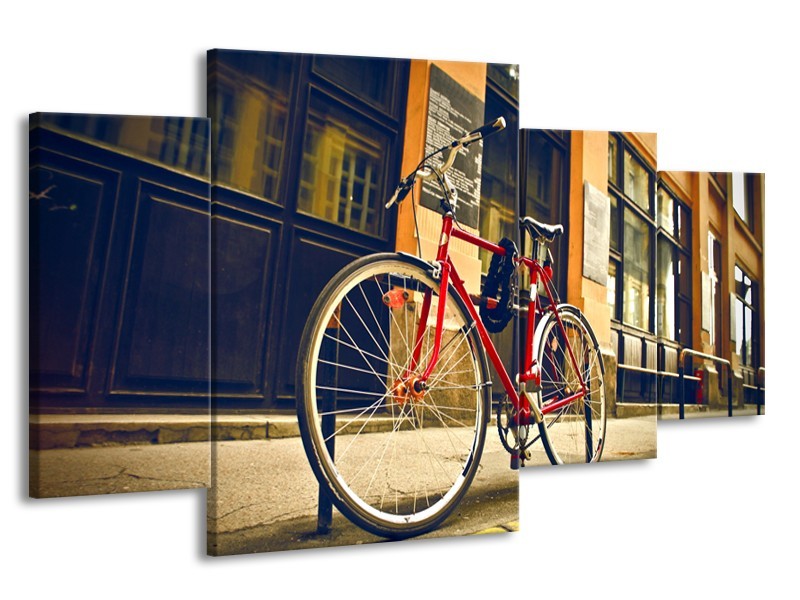 Canvas Schilderij Fiets, Straat | Bruin, Rood, Geel | 160x90cm 4Luik