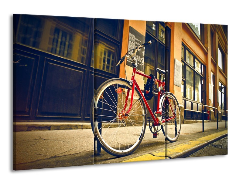 Glasschilderij Fiets, Straat | Bruin, Rood, Geel | 165x100cm 3Luik