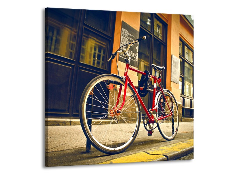 Canvas Schilderij Fiets, Straat | Bruin, Rood, Geel | 50x50cm 1Luik