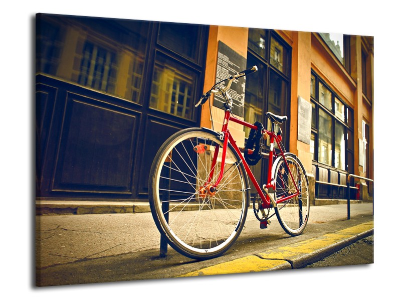 Canvas Schilderij Fiets, Straat | Bruin, Rood, Geel | 70x50cm 1Luik