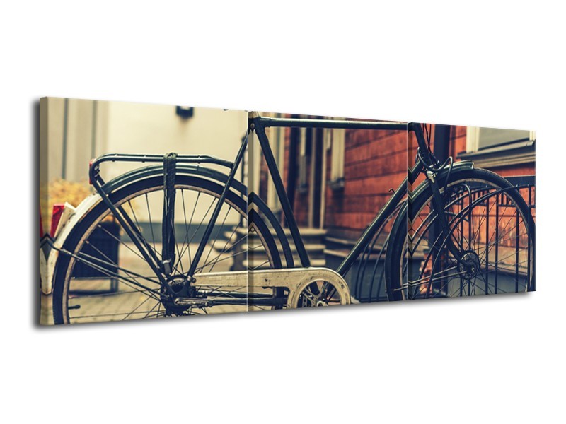 Glasschilderij Fiets | Bruin, Grijs, Crème | 120x40cm 3Luik