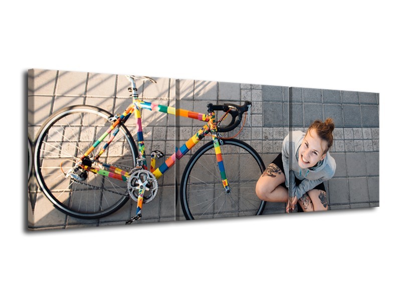 Glasschilderij Fiets, Meid | Grijs, Geel | 120x40cm 3Luik