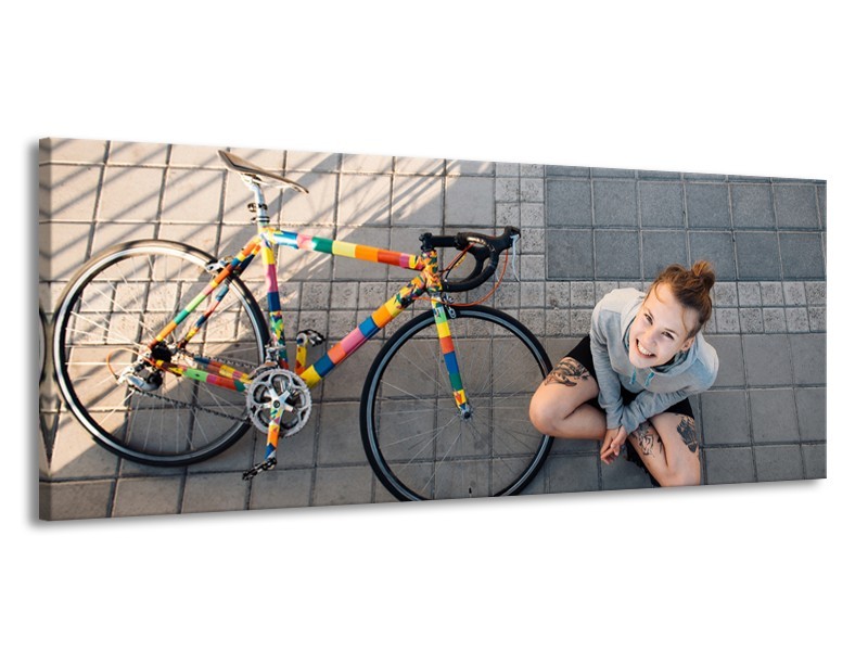 Canvas Schilderij Fiets, Meid | Grijs, Geel | 145x58cm 1Luik