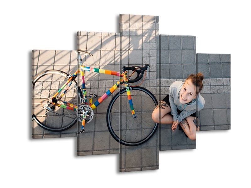 Canvas Schilderij Fiets, Meid | Grijs, Geel | 150x105cm 5Luik