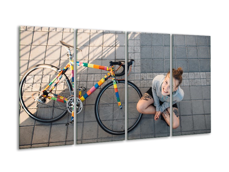 Glasschilderij Fiets, Meid | Grijs, Geel | 160x80cm 4Luik