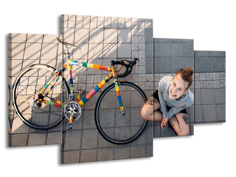 Glasschilderij Fiets, Meid | Grijs, Geel | 160x90cm 4Luik