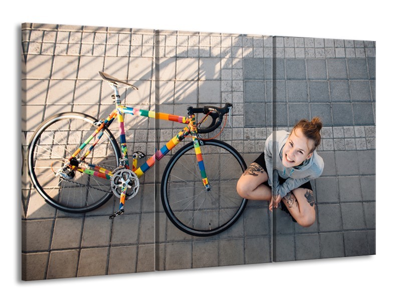 Canvas Schilderij Fiets, Meid | Grijs, Geel | 165x100cm 3Luik