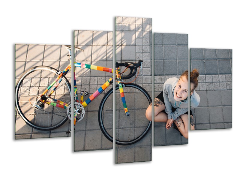 Glasschilderij Fiets, Meid | Grijs, Geel | 170x100cm 5Luik