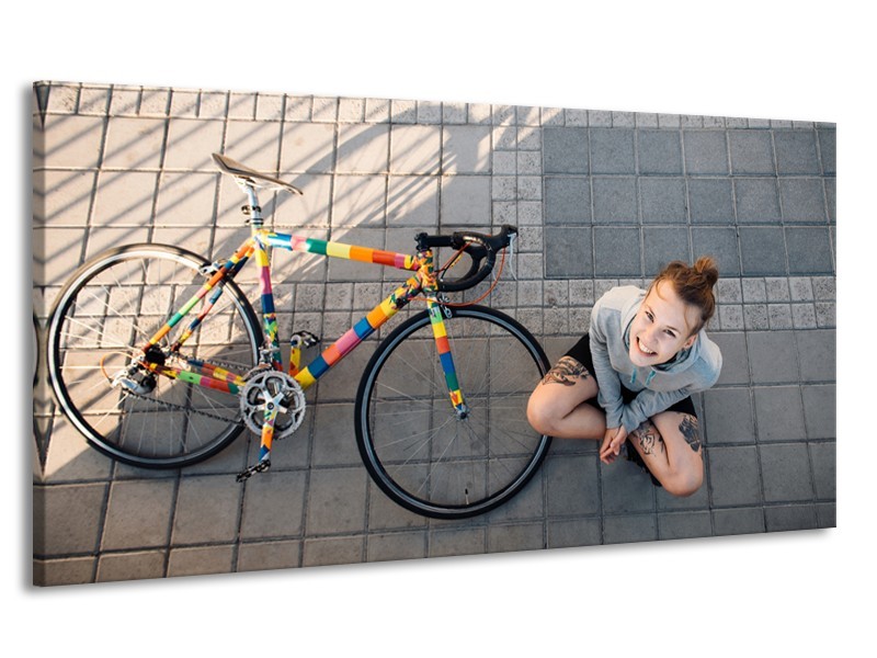 Canvas Schilderij Fiets, Meid | Grijs, Geel | 170x90cm 1Luik