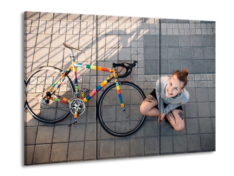 Glasschilderij Fiets, Meid | Grijs, Geel | 60x90cm 3Luik