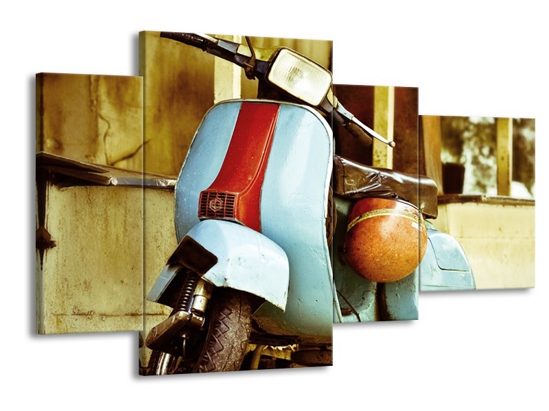 Glasschilderij Scooter, Motor | Bruin, Geel, Blauw | 120x75cm 4Luik