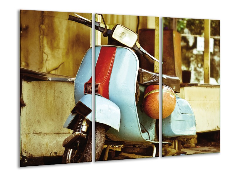 Canvas Schilderij Scooter, Motor | Bruin, Geel, Blauw | 120x80cm 3Luik