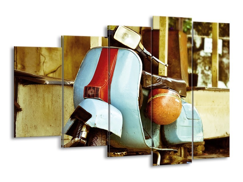 Canvas Schilderij Scooter, Motor | Bruin, Geel, Blauw | 150x100cm 5Luik