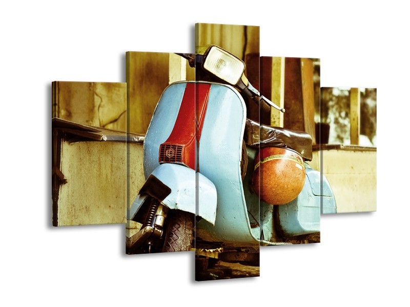 Canvas Schilderij Scooter, Motor | Bruin, Geel, Blauw | 150x105cm 5Luik