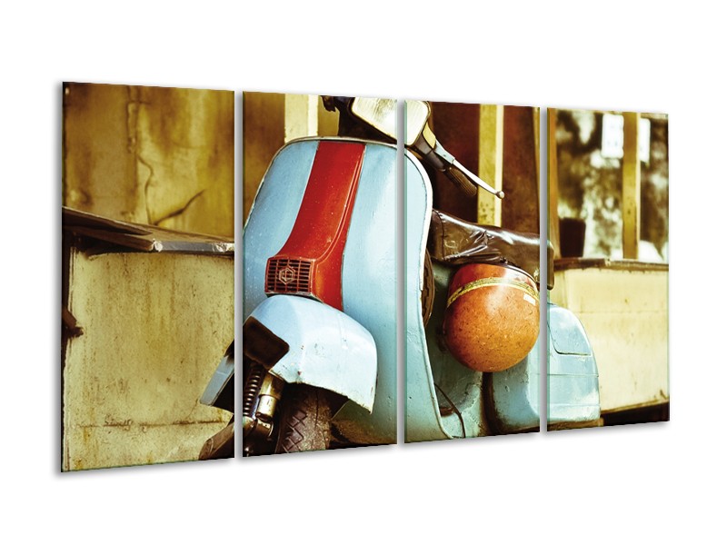 Canvas Schilderij Scooter, Motor | Bruin, Geel, Blauw | 160x80cm 4Luik