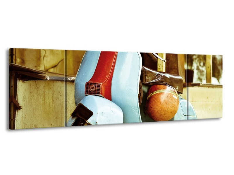 Canvas Schilderij Scooter, Motor | Bruin, Geel, Blauw | 170x50cm 3Luik