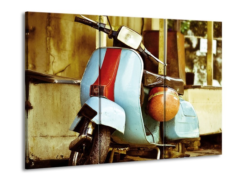 Canvas Schilderij Scooter, Motor | Bruin, Geel, Blauw | 60x90cm 3Luik