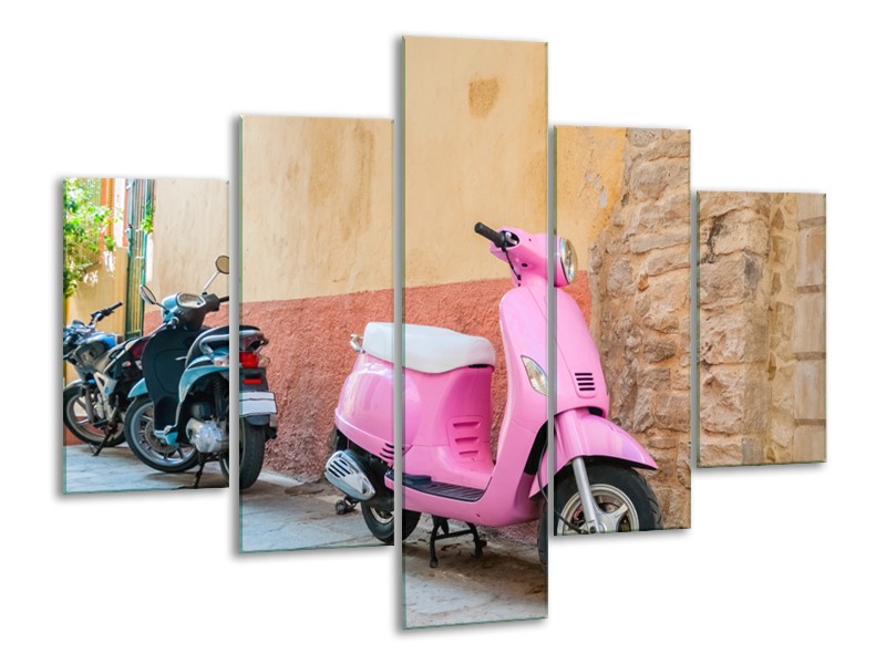 Glasschilderij Scooter, Motor | Bruin, Roze, Crème | 100x70cm 5Luik