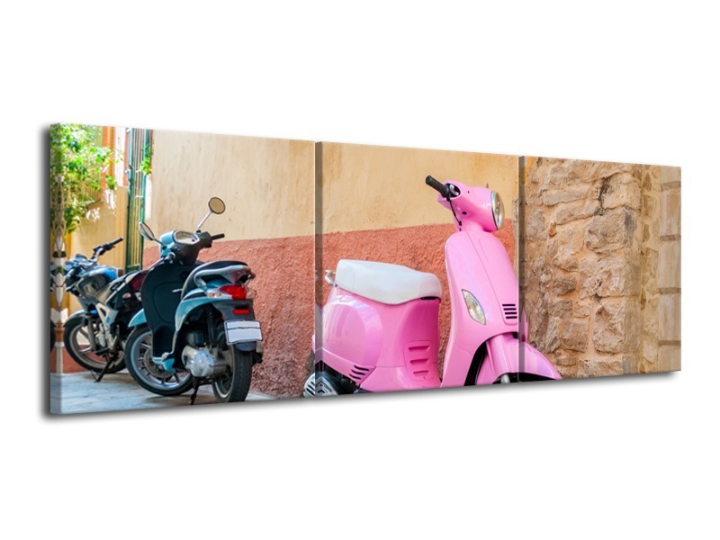 Glasschilderij Scooter, Motor | Bruin, Roze, Crème | 120x40cm 3Luik