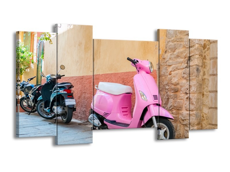 Glasschilderij Scooter, Motor | Bruin, Roze, Crème | 120x65cm 5Luik