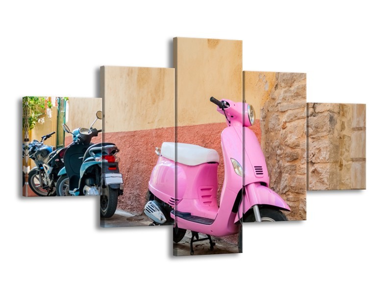 Glasschilderij Scooter, Motor | Bruin, Roze, Crème | 125x70cm 5Luik