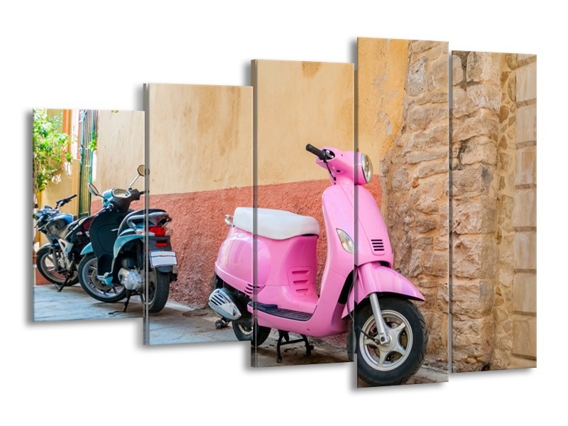 Glasschilderij Scooter, Motor | Bruin, Roze, Crème | 150x100cm 5Luik