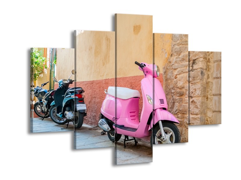 Glasschilderij Scooter, Motor | Bruin, Roze, Crème | 150x105cm 5Luik