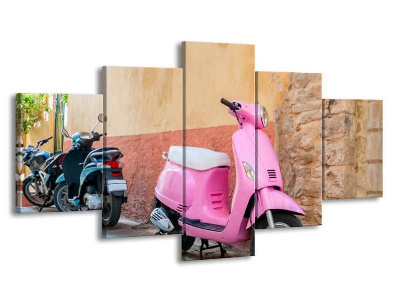 Canvas Schilderij Scooter, Motor | Bruin, Roze, Crème | 150x80cm 5Luik