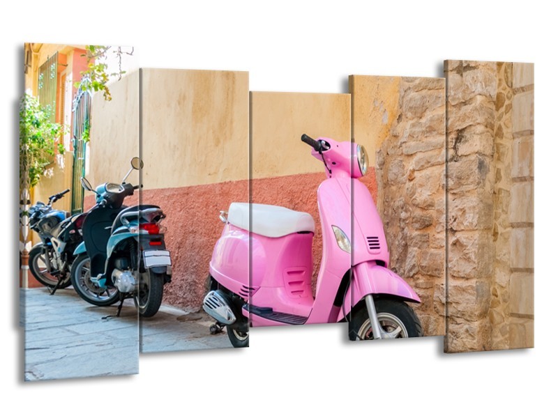 Glasschilderij Scooter, Motor | Bruin, Roze, Crème | 150x80cm 5Luik