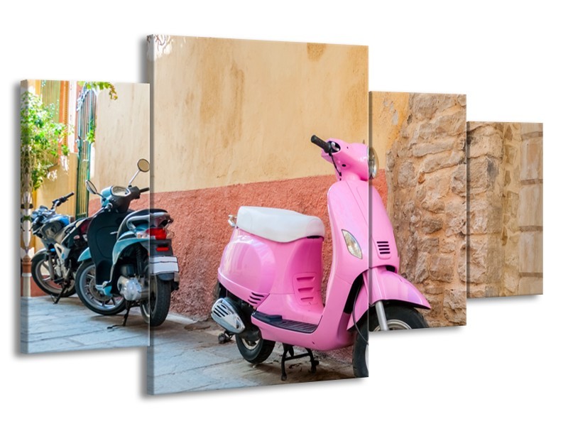 Glasschilderij Scooter, Motor | Bruin, Roze, Crème | 160x90cm 4Luik