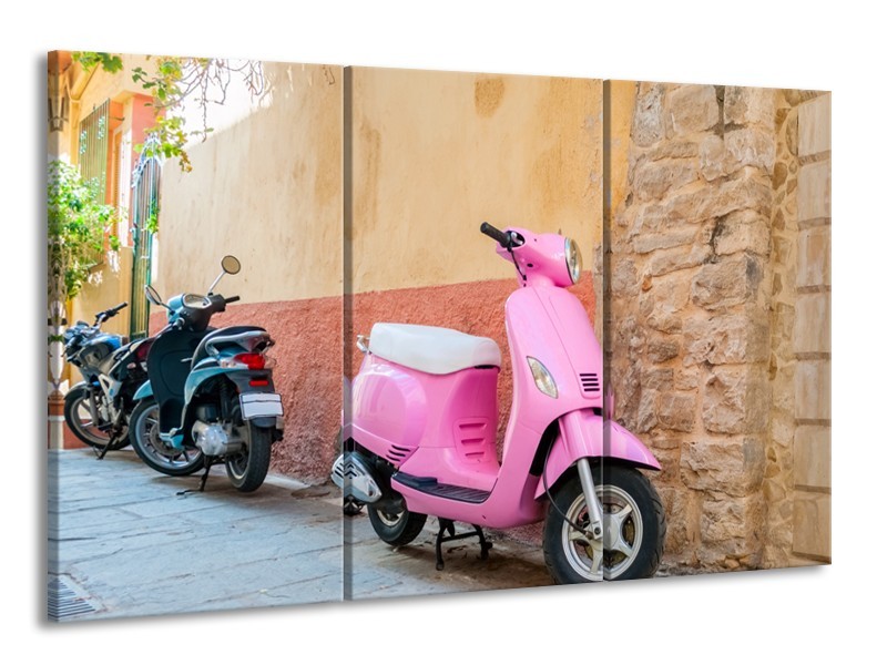 Glasschilderij Scooter, Motor | Bruin, Roze, Crème | 165x100cm 3Luik