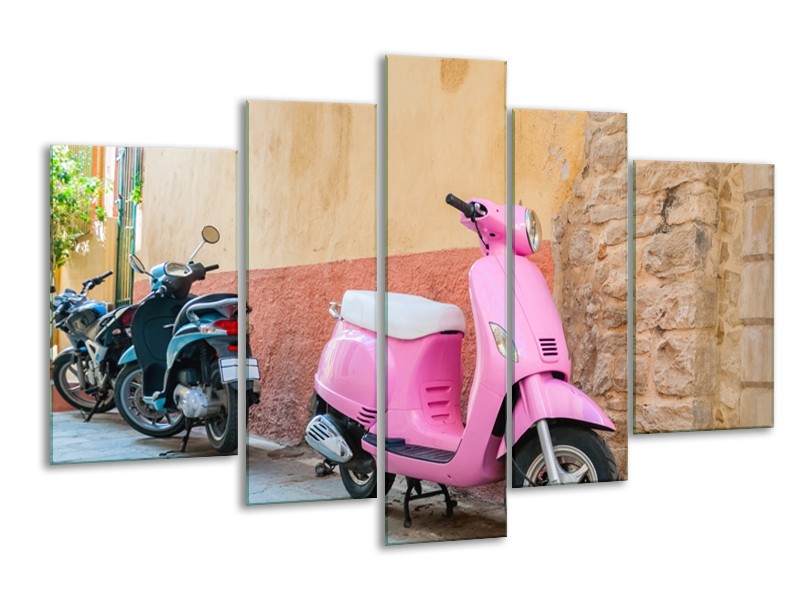 Glasschilderij Scooter, Motor | Bruin, Roze, Crème | 170x100cm 5Luik