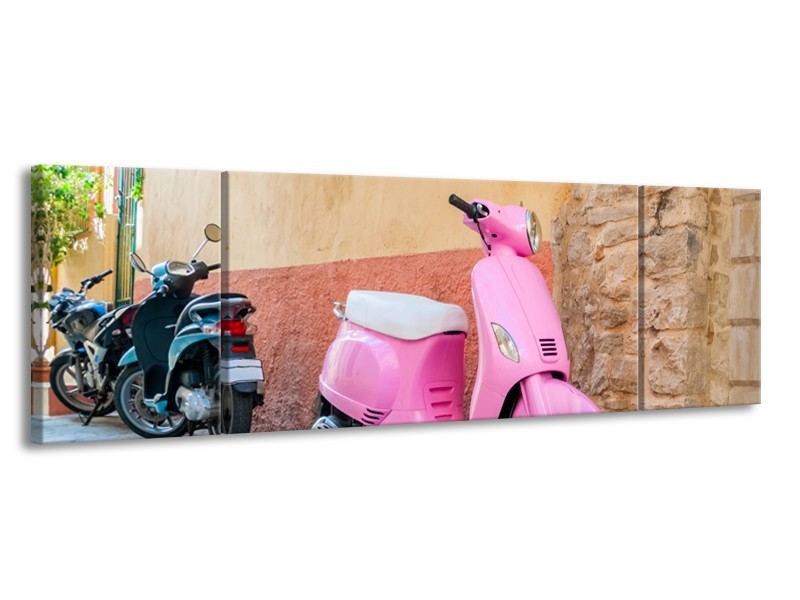 Canvas Schilderij Scooter, Motor | Bruin, Roze, Crème | 170x50cm 3Luik